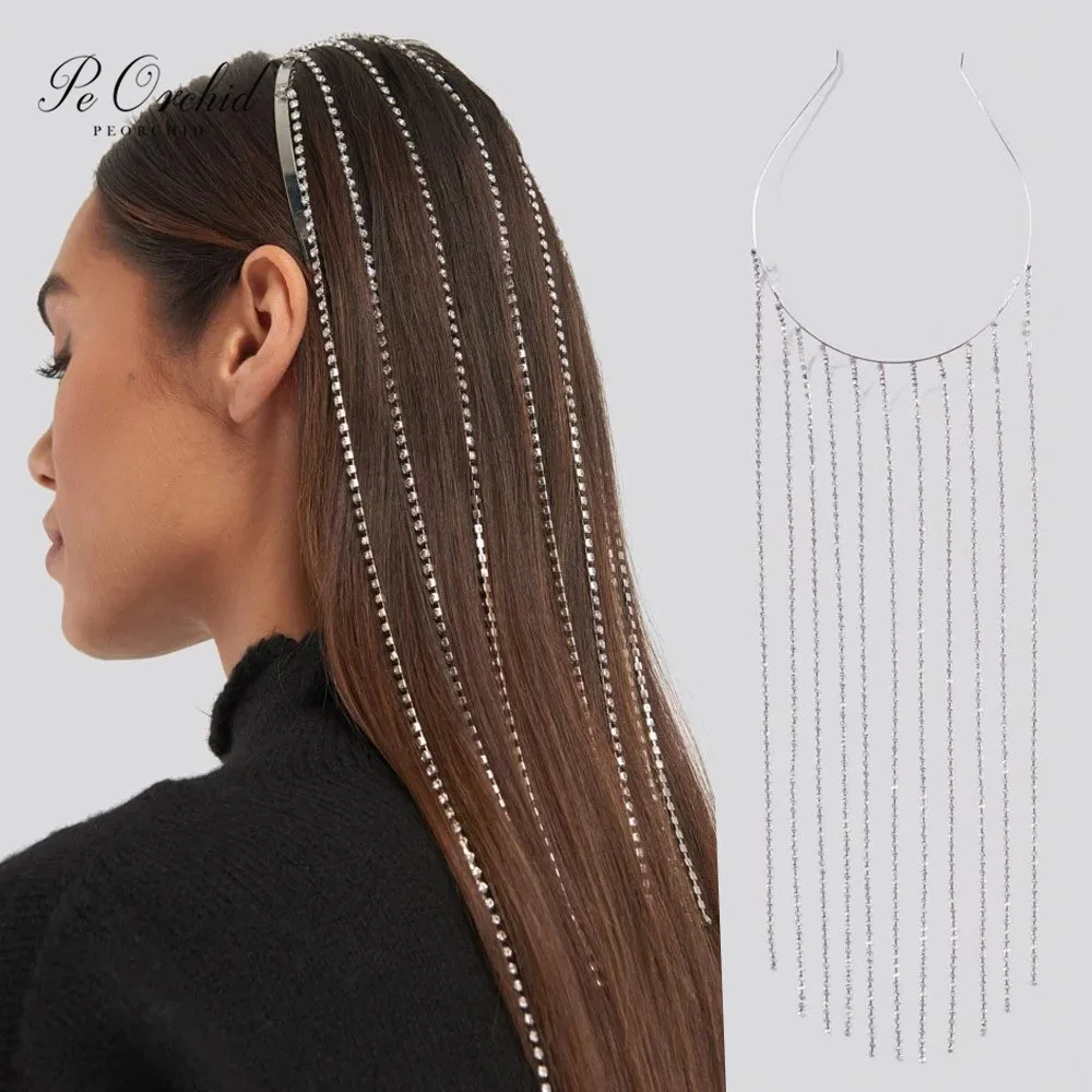 

PEORCHID Fashion Women Full Drill Headband New Rhinestone Wedding Hair Accessories Tassel Bridal Jewelry Elegant Bandeau Femme
