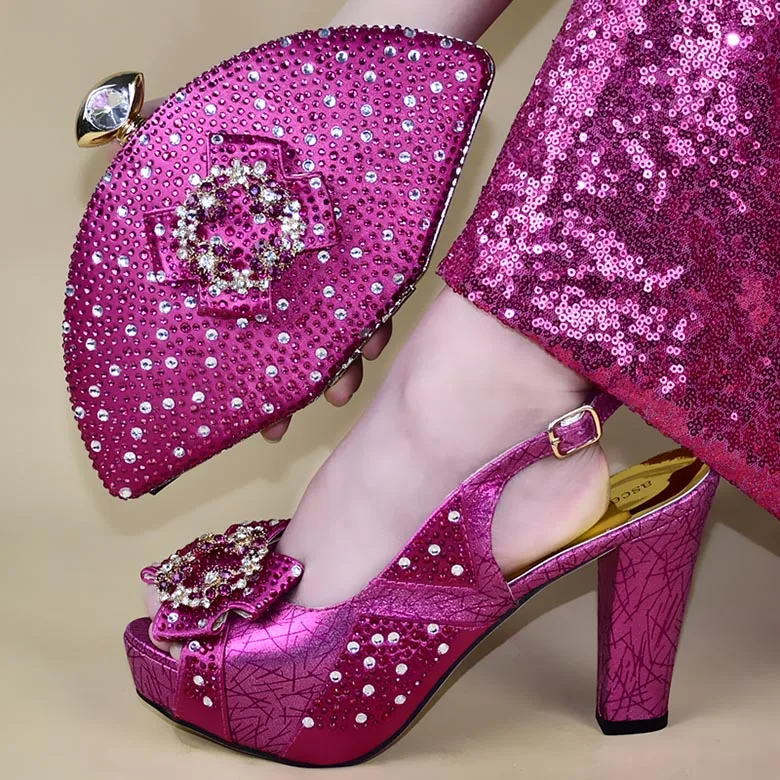 Обувь и сумка в комплекте со сверкающий кристалл цвета фуксии африканском стиле