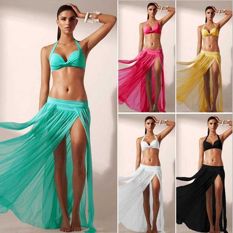 

Fashion Women's Skirt Sexy Side Slit Beach Skirt Solid Colors Summer Long Beach Maxi Dropped Net Yarn Skirt Female