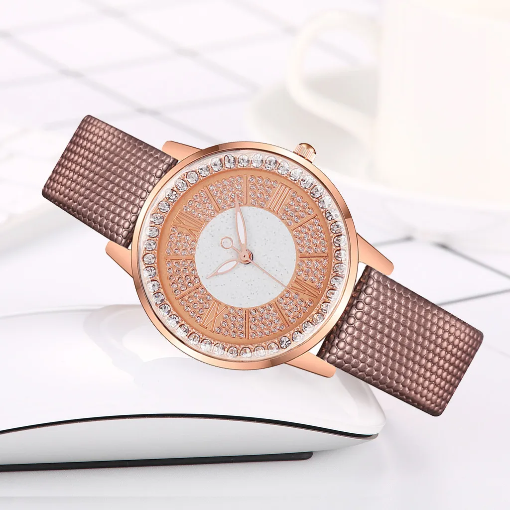 Ladies Casual Watch Women Rose gold dial Leather Strap Quartz Wristwatches Luxury Brand Women's diamond Fashion Bracelet Clock | Наручные