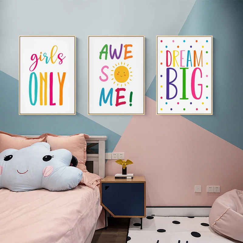 Розовые девочки только мультфильм детский плакат радуга искусство холст печать