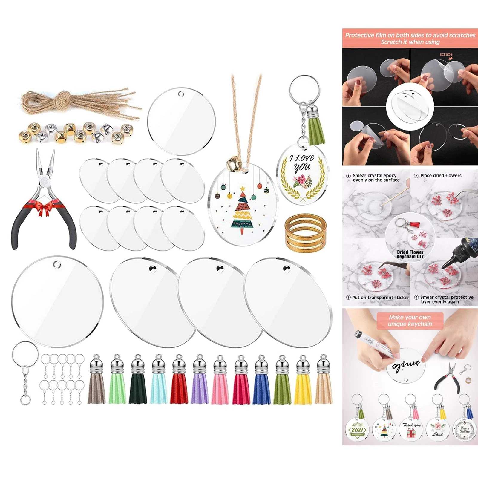 

74Pc Acrylic Circle Discs Keychain Blanks Tassel Pendant Key Ring DIY Jump Rings