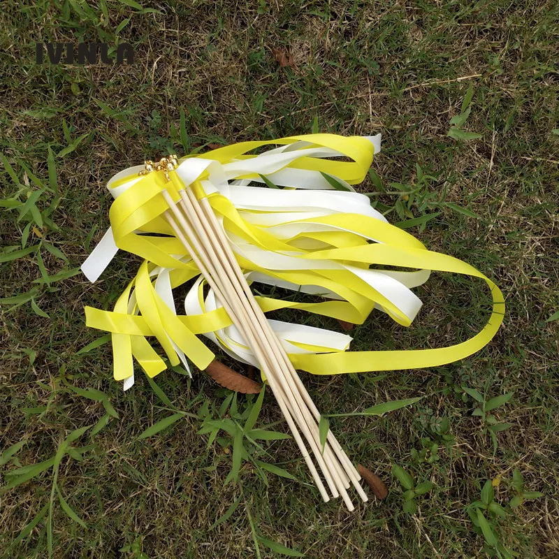 50 шт./партия Желтая и белая Свадебная лента палочки с золотым колокольчиком для