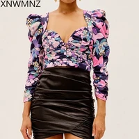 xnwmnz womens fashion silky floral dot print blouse female clothing draped 34 sleeves shirred bodice blouse elegant top women