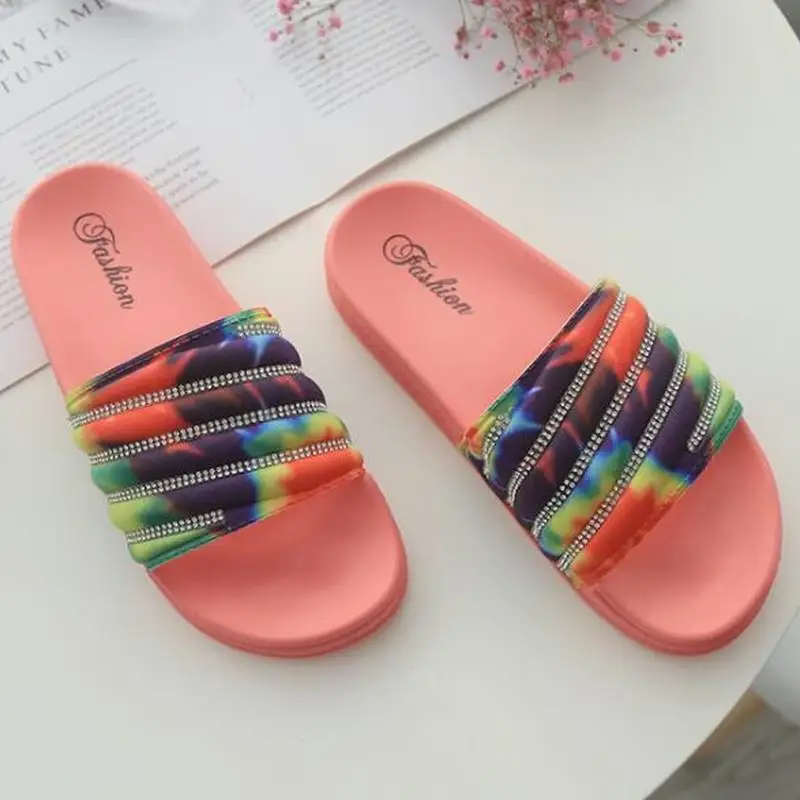 

New Style Women Home Slippers Flat Bottom Bling Rhinestone Casual Indoor Colorful Household Bathroom Female Shoes Slides
