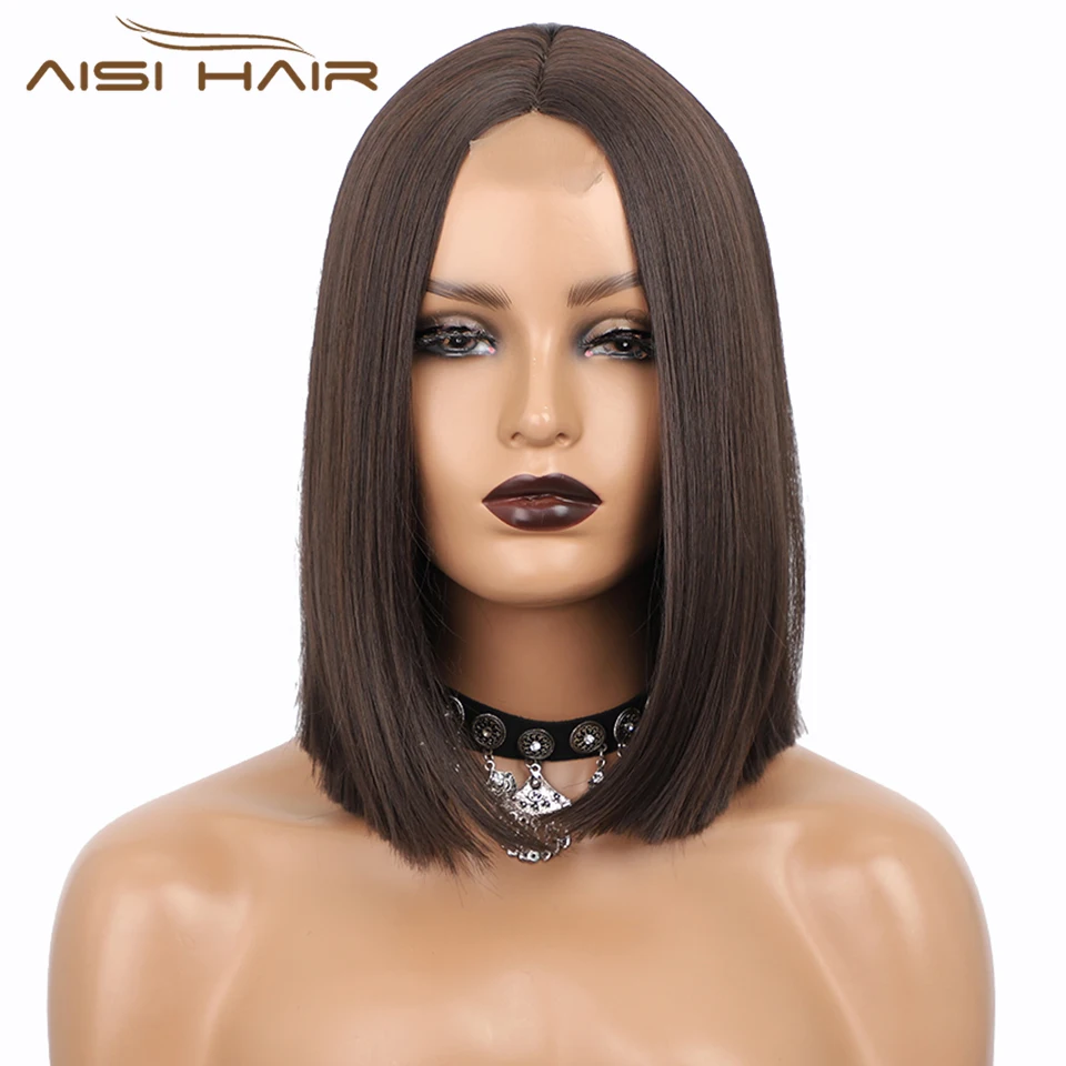 

NNZES 12inches Short Straight Dark Brown Wig Middle Part Synthetic Wigs for Black Women Black Red Hair Heat Resistant Fiber