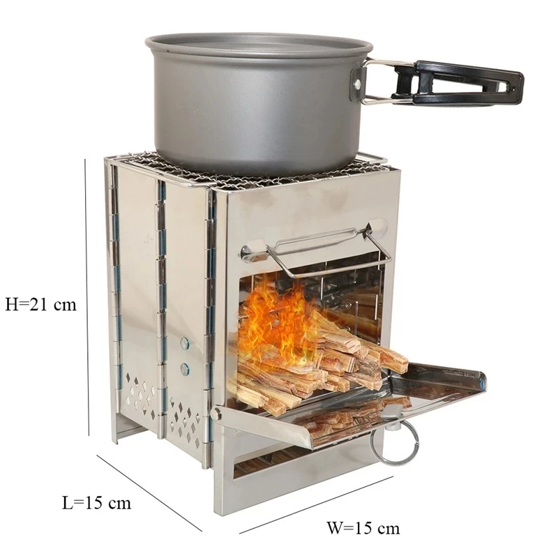 

Outdoor Firewood Stove Camping Cooking Picnic Travel Stainless Steel Square Wood Stove Charcoal Folding Grill