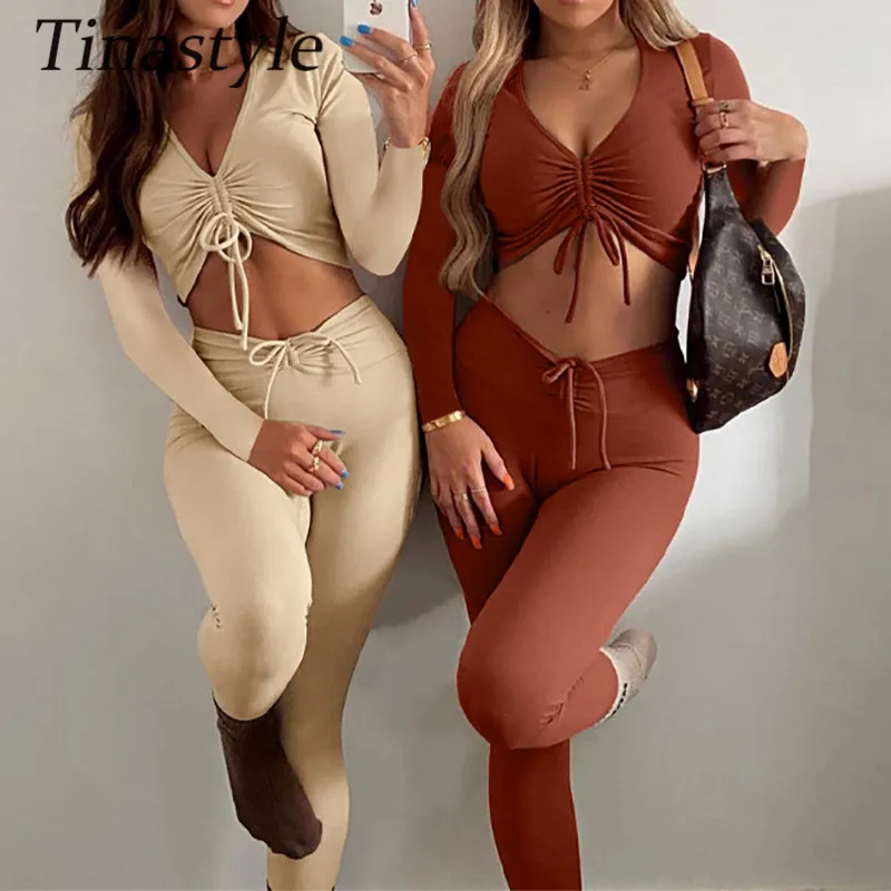 

Женский комплект из 2 предметов Tinastyle, однотонный, со шнуровкой, Топ с длинным рукавом на завязках и облегающие спортивные штаны для активног...