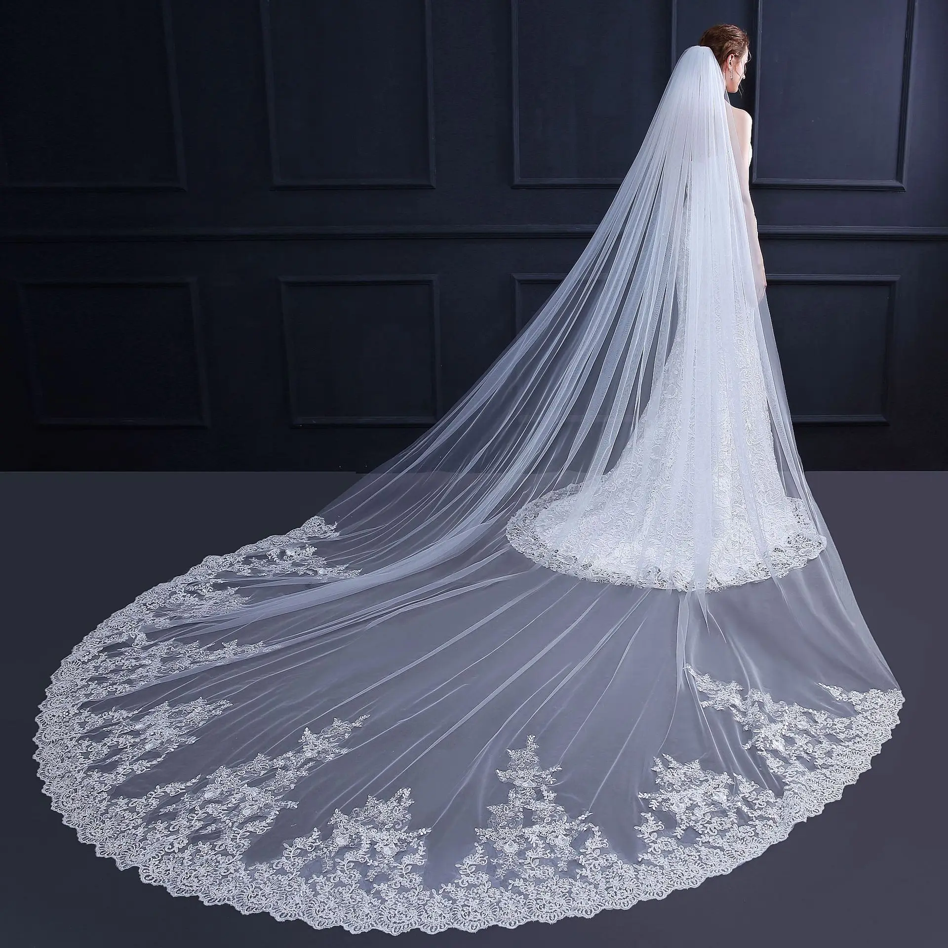 

veil one-layer White Ivory Cathedral Lace Edge Wedding Veil With Comb Long Bridal Veil Voile Mariage velos de novia largos
