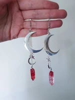 whitered silver color quartz crystal witchy earrings crescent moon gothic occult crystal dangle earrings bridesmaid gift