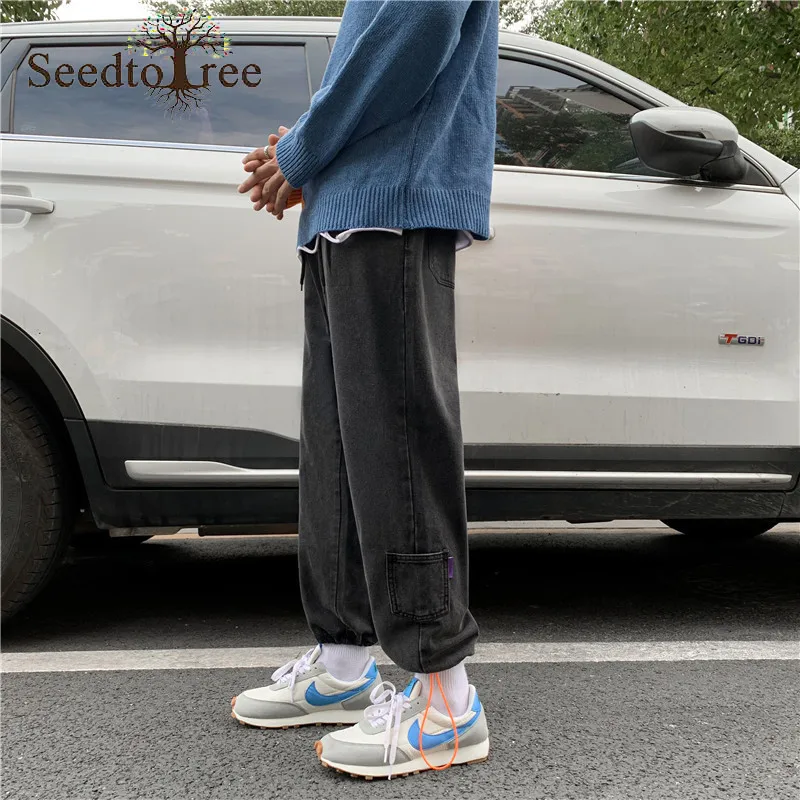 Solid Color Casual Jeans Men's Straight Loose Ankle Length Pants Taper Denim Trousers