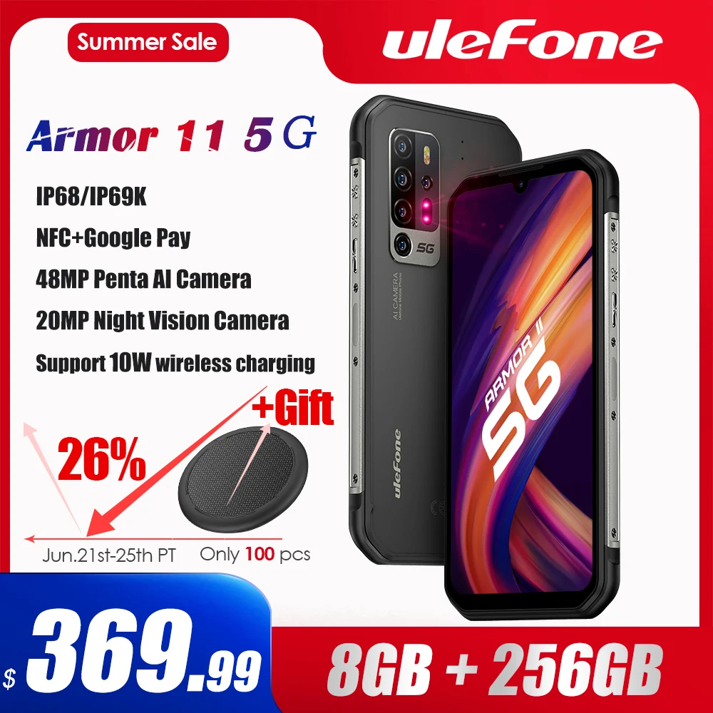  Ulefone Armor 11 5G Rugged Mobile Phone Android 10 8GB +256GB Waterproof Smartphone 48MP NFC Mobile Phone Wireless Charging 