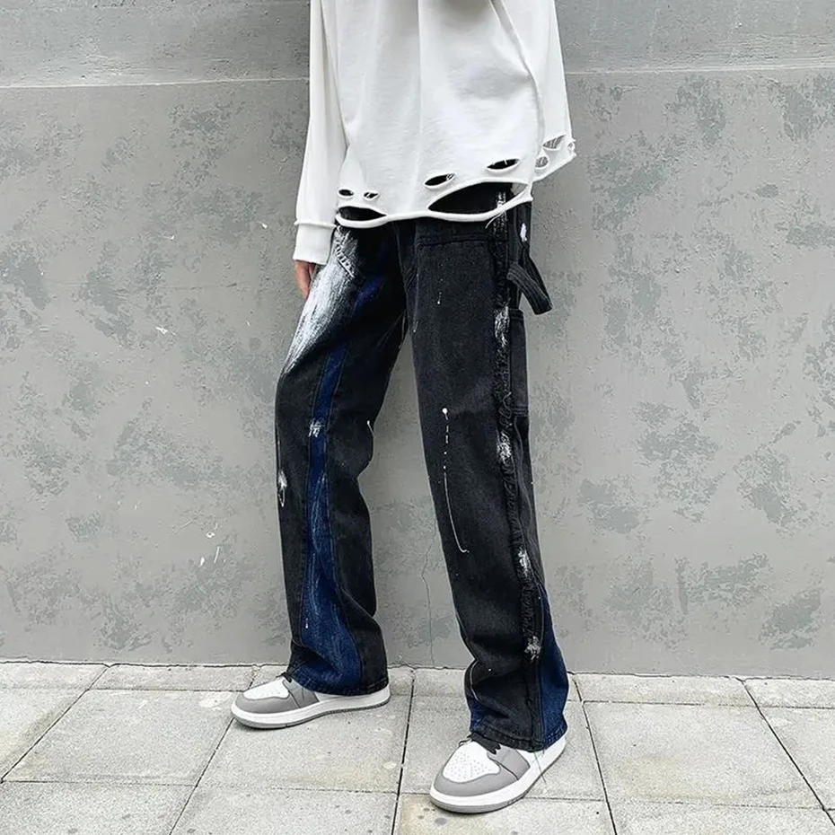 Джинсы-клеш мужские в стиле Харадзюку модные штаны из денима пэчворк