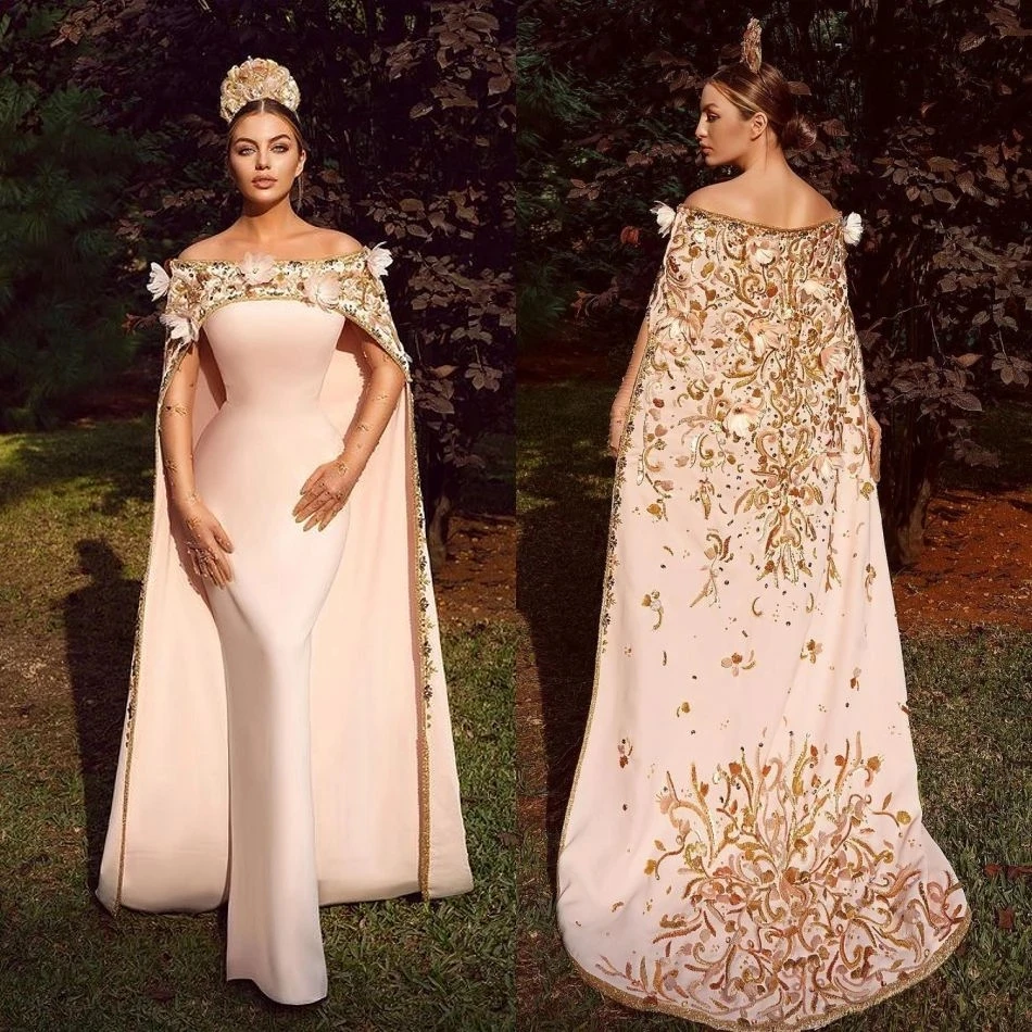 

Pink Mermaid Evening Dresses with Wrap Off Shoulder Appliques Beaded Prom Dress Floor Length Robe De Soiree Formal Party Gowns