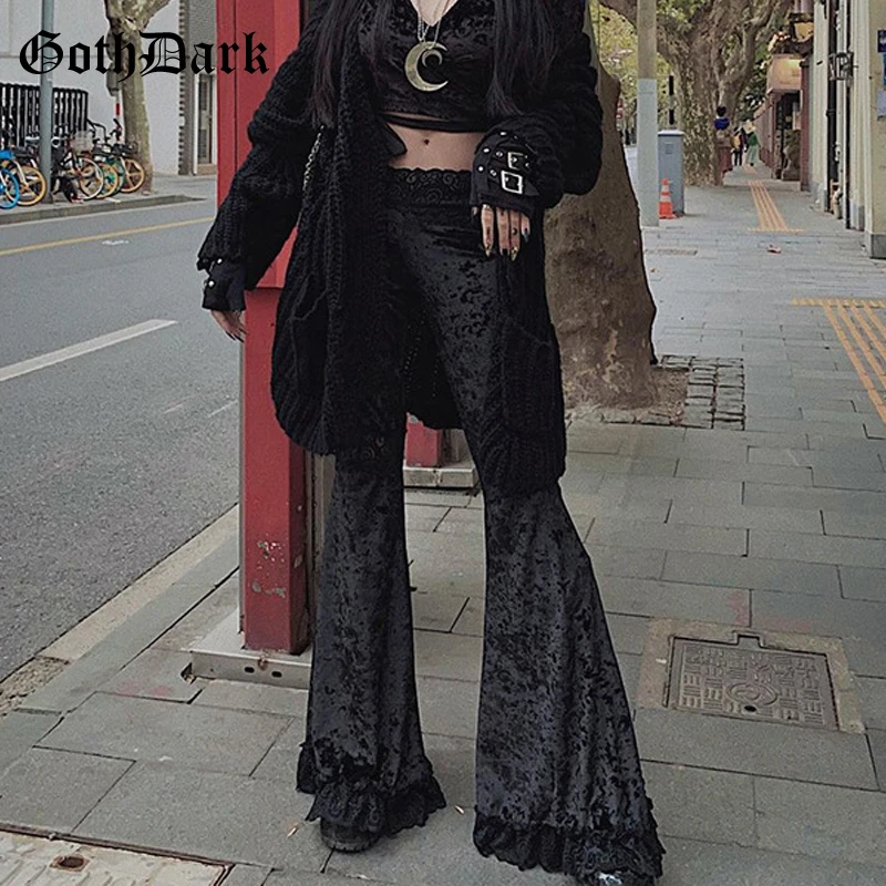 Goth Dark Velvet Gothic Lace Patchwork Flare Pants Romantic Goth Vintage Grunge Skinny Women Trousers High Waist Streetwear Emo