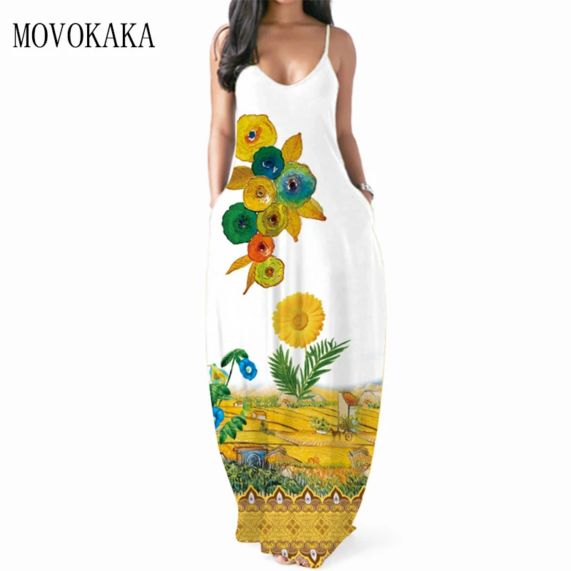

MOVOKAKA 3D Print Sexy Strap Dress Women 2021 Summer Beach Sundresses Elasticity Vestidos Long Dresses Party Elegant Maxi Dress