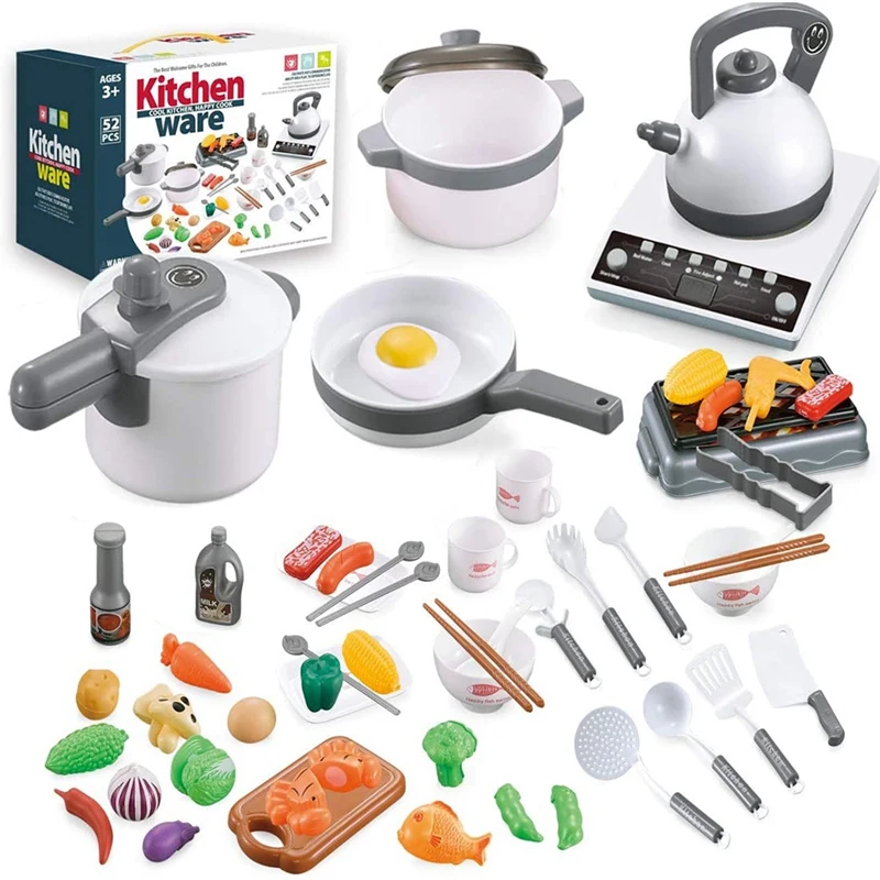 

52PCS Kitchen Play Toys, Pretend Play Cookware Set with Pot and Pans, BBQ Toy, Cutting Vegetables, Play Cooking for Kids
