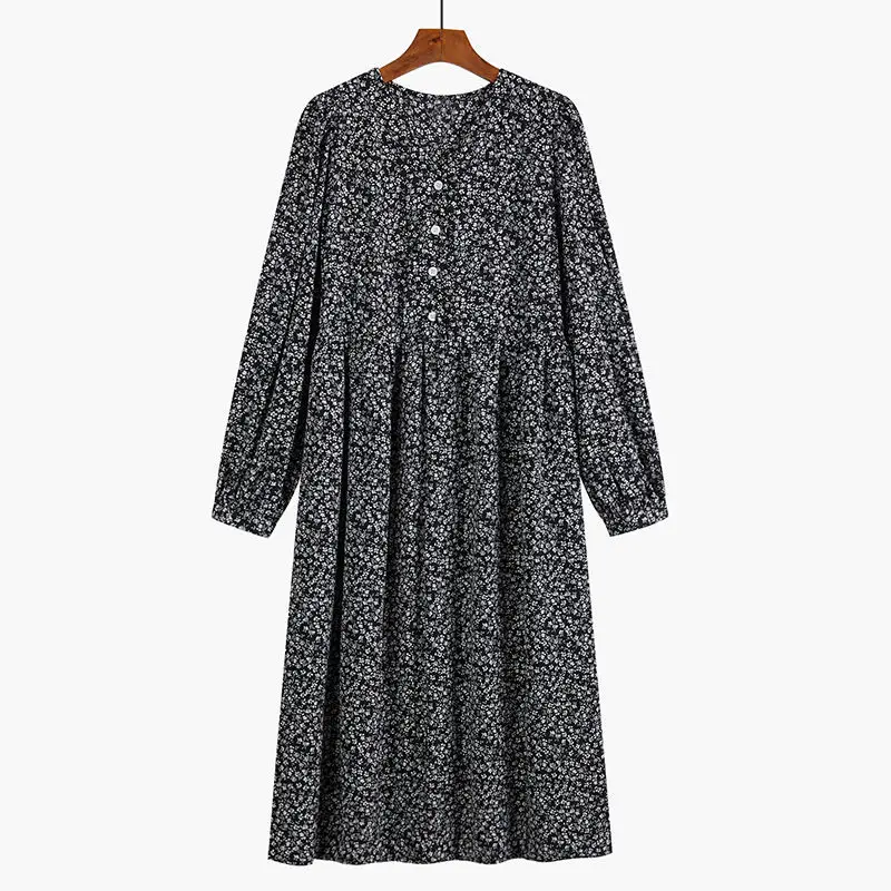 

Women's Floral Long-Sleeved Dresses 2020 Spring Autumn Long Sleeve V-neck Single-breasted Franch Elegant Dresses Female Vestidos