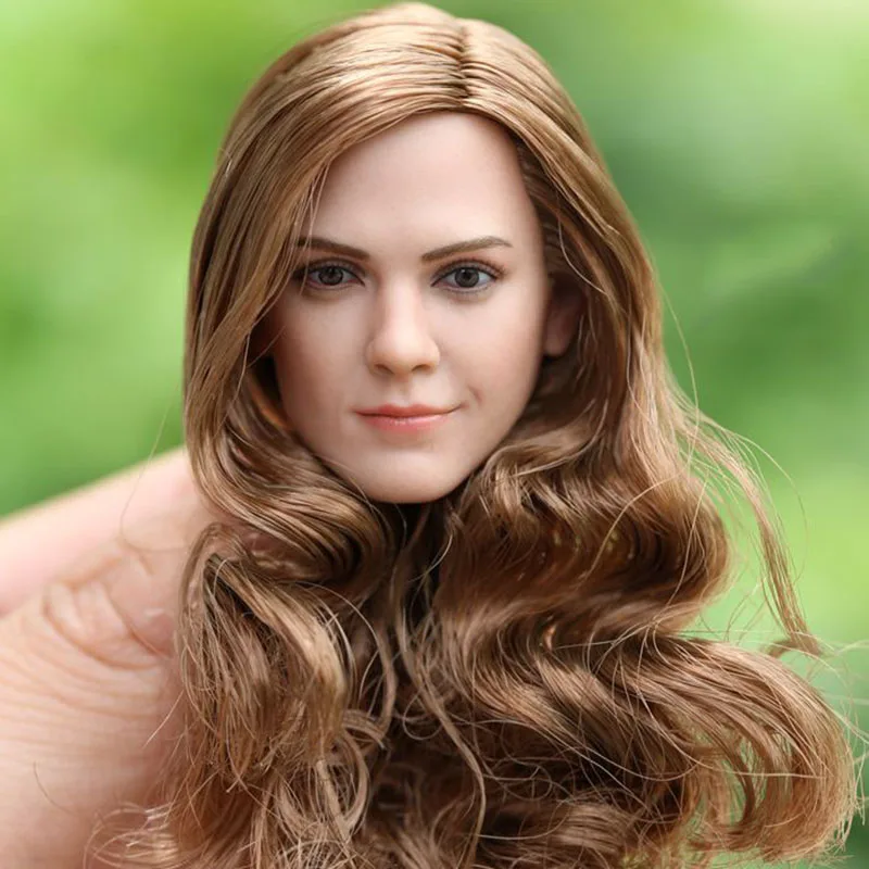 

1/6 Scale Beauty Female Figure Head Emma Watson Smile Woman Head Model with Long Curls Hair Model for 12'' Body