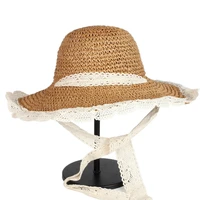 wholesale korean fashion summer hand woven breathable travel sunscreen folding beach straw hats with lace bowknot
