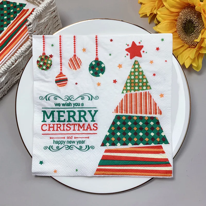 

2021 New 20Pcs/Bag Christmas Tree Paper Napkins Merry Christmas Letters Decoupage Serviettes for Xmas Party Tableware Decor I