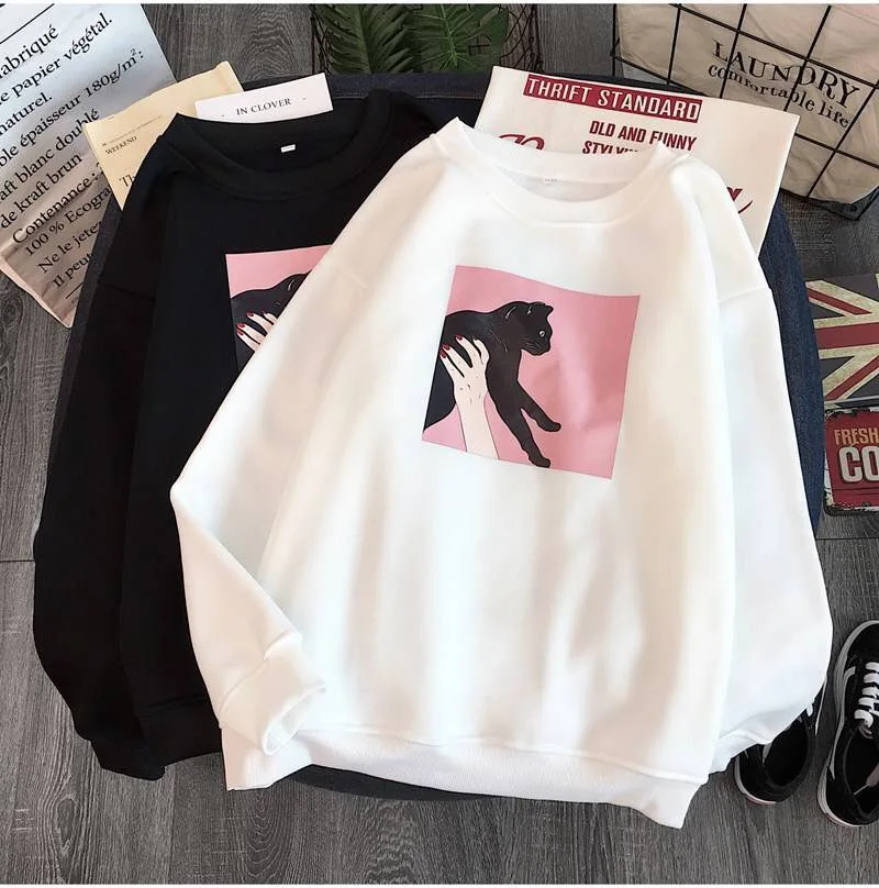 

Female Sweatshirts Autumn Long Sleeve Hooded Plus Size Loose Hoodie Sweatshirt Fashion Casual Hoodies Harajuku Cat Printed