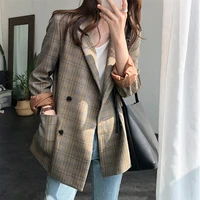 vintage notch collar double breasted plaid blazer women full sleeve loose female grid suit coat autumn women jacket 2019