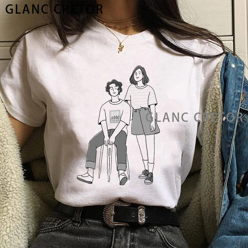 

Harajuku Ulzzang Casual Female T-shirt Summer Creative Line Graphic T Shirts Women White Top Tee Korean Abstract Simple Tshirt