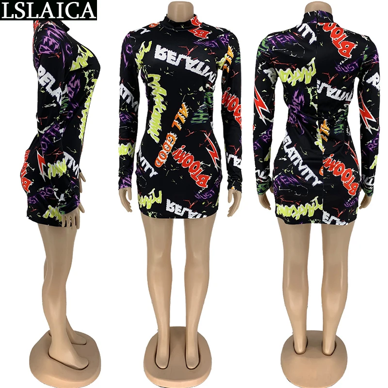 

Party Dresses Stand Collar Print Hip Hop Fashion Mini Elegant Dress High Waist Sexy Party Club Plus Size Dress Femme Autumn