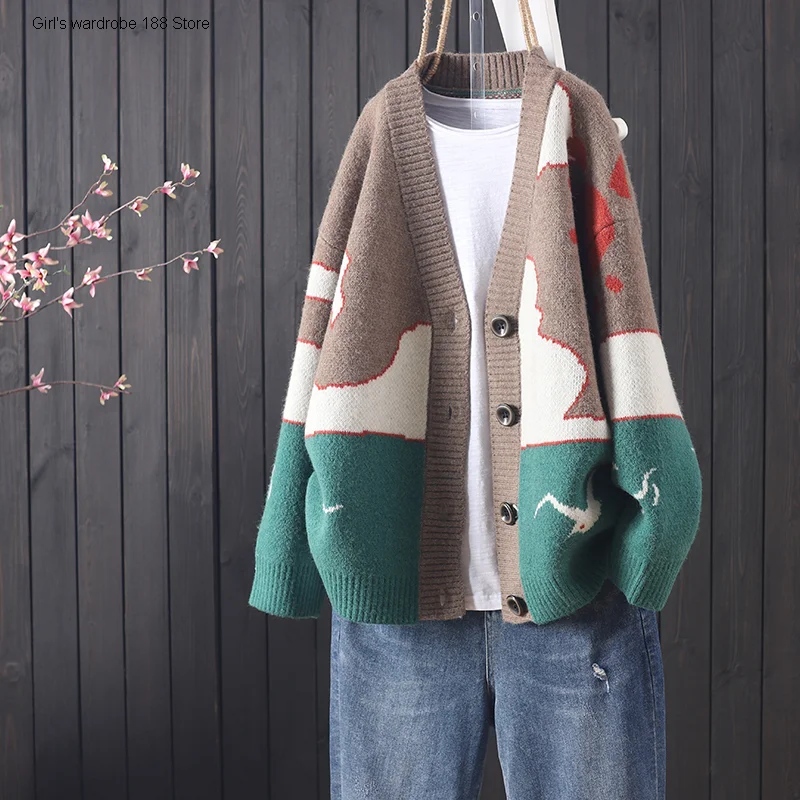 

The autumn and winter new products are versatile and thick, lovely jacquard button knitted cardigan for women's loose long