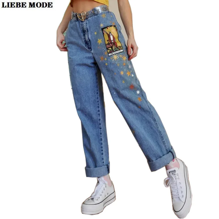 

Cartoon Pattern Boyfriend Mom Jeans Woman 2021 Star Printed Loose Fit Denim Trousers Womens Hip Hop Jeans Denim Straight Leg