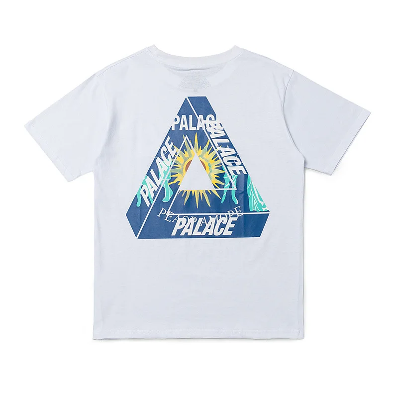 

New style pure cotton blue British street fashion brand triangle LOGO printing couple short-sleeved T-shirt