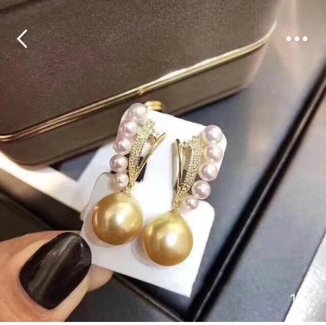 

D427 Pearl Earrings Fine Jewelry 925 Sterling Silver Round 9-10mm Natural Fresh Water Golden Pearls Drop Dangle Earrings