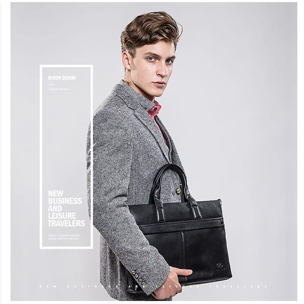 Bison Denim Black Business Casual Genuine leather Men Business Briefcases Travel Laptop Handbag For Men Messenger Shoulder Bags