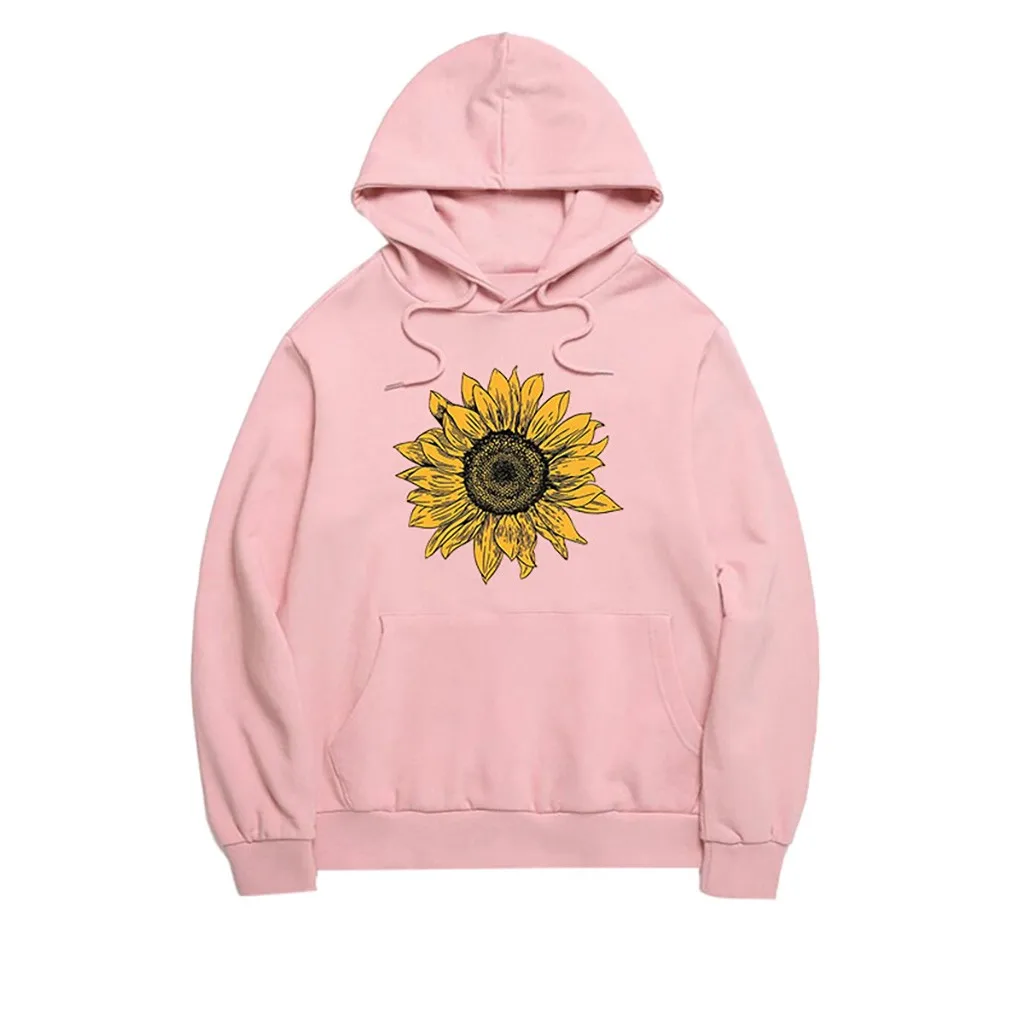 

Fashion Plus Size Women's Lightweight Sunflower Print Long Sleeve Casual Pullover Hooded Tops Casual Loose with Pocket Tops