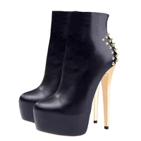 richealnan womens black platform rivet ankle booties 16cm thin high heels fashion metal heels buckle boots big size us5us15