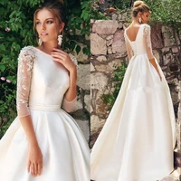 12 long sleeves lace wedding dresses 2020 crew neck satin applique beaded a line sweep train wedding bridal gowns