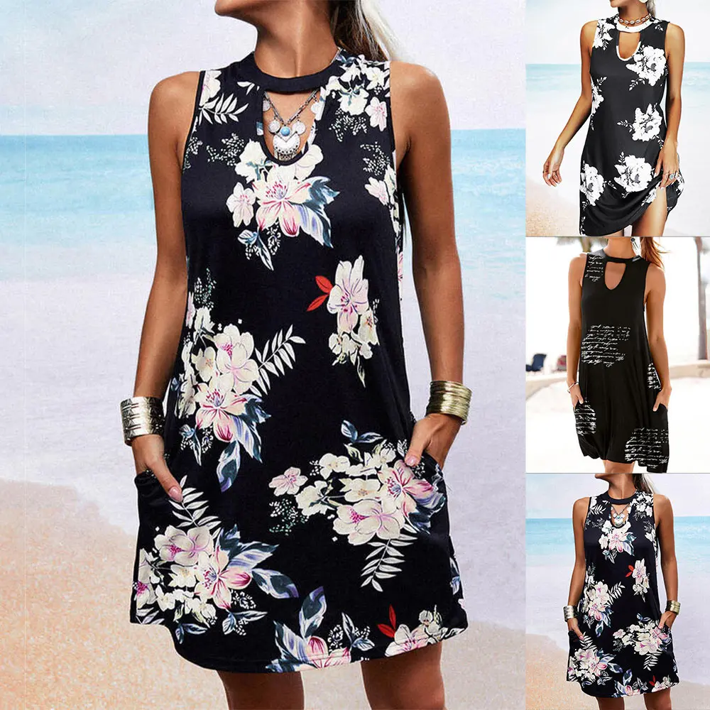 

Casual Floral Letter Print Sling Dress with Pocket Elegant Women Sleeveless Hollow O-neck A-Line Dress Summer Beach Sundress D30