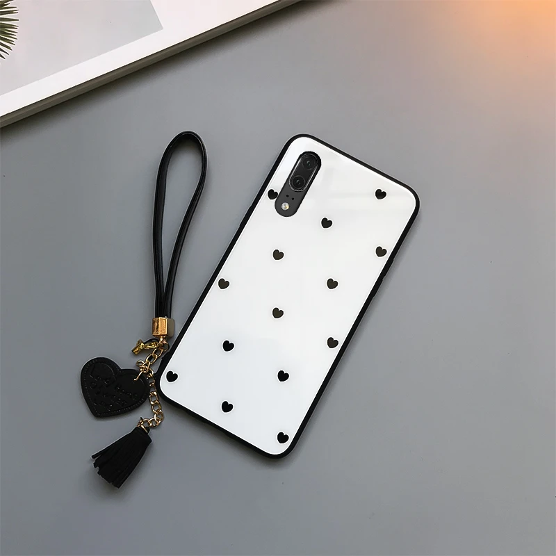 White BONVAN стеклянный чехол для samsung Galaxy A10 A20 A30 A40s любовь сердце Жесткий чехол для samsung A50 A60 A70 A80 A90 ремешок QE Capa - Цвет: White