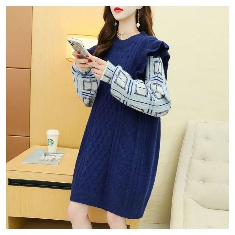 

Autumn 2020 fake two thickened sweaters women's pullover, niche design, plaid sleeve dress, thread clothes outside winter