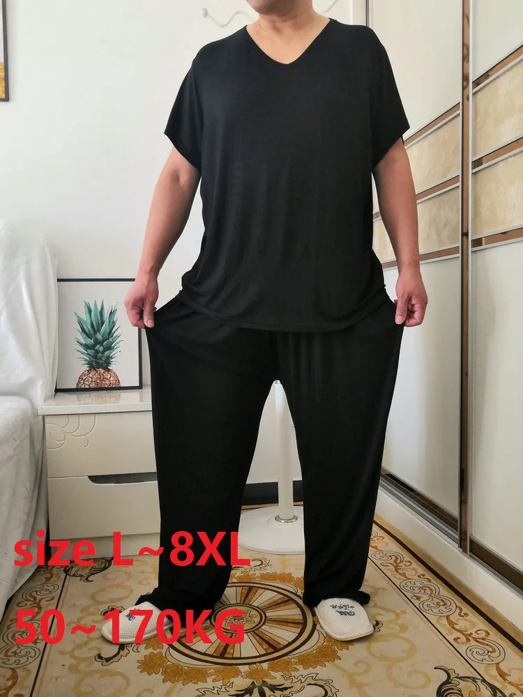 Verão plus size 8xl 170kg conjuntos de pijamas masculinos modal casa wear conjunto macio casual sleep wear manga curta topo e calças compridas