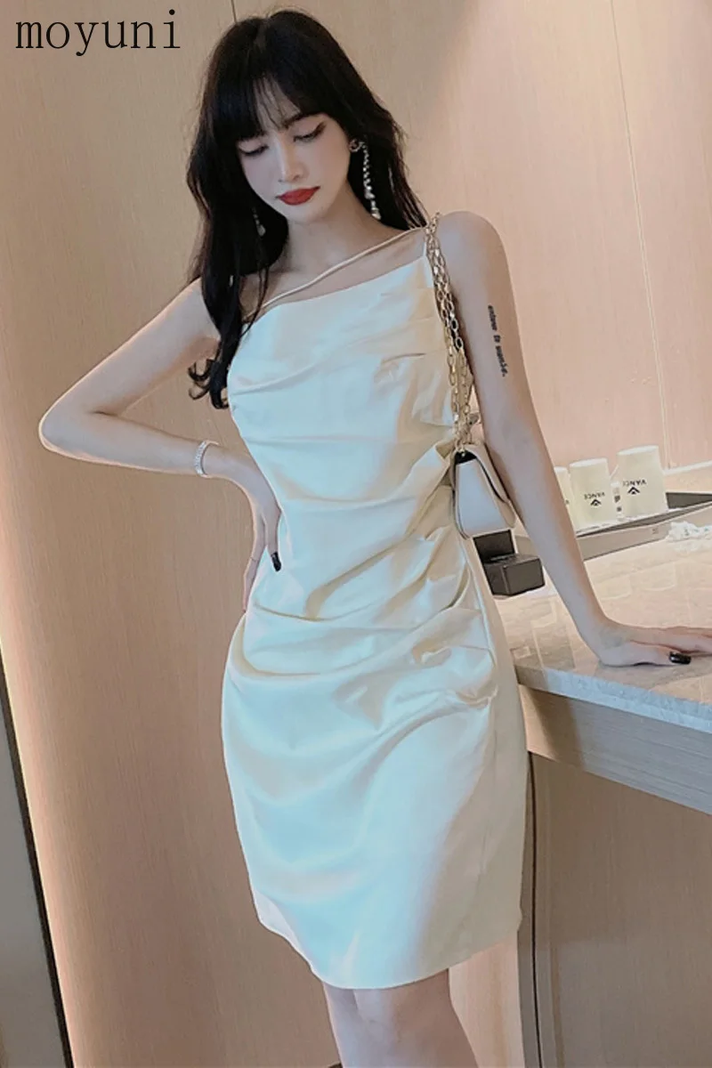 

Summer Sexy Pleated Off-Neck Backless Sleeveless Skirt Slim Fit Hip Spaghetti Straps Dress for Women White Dress Women Vintage
