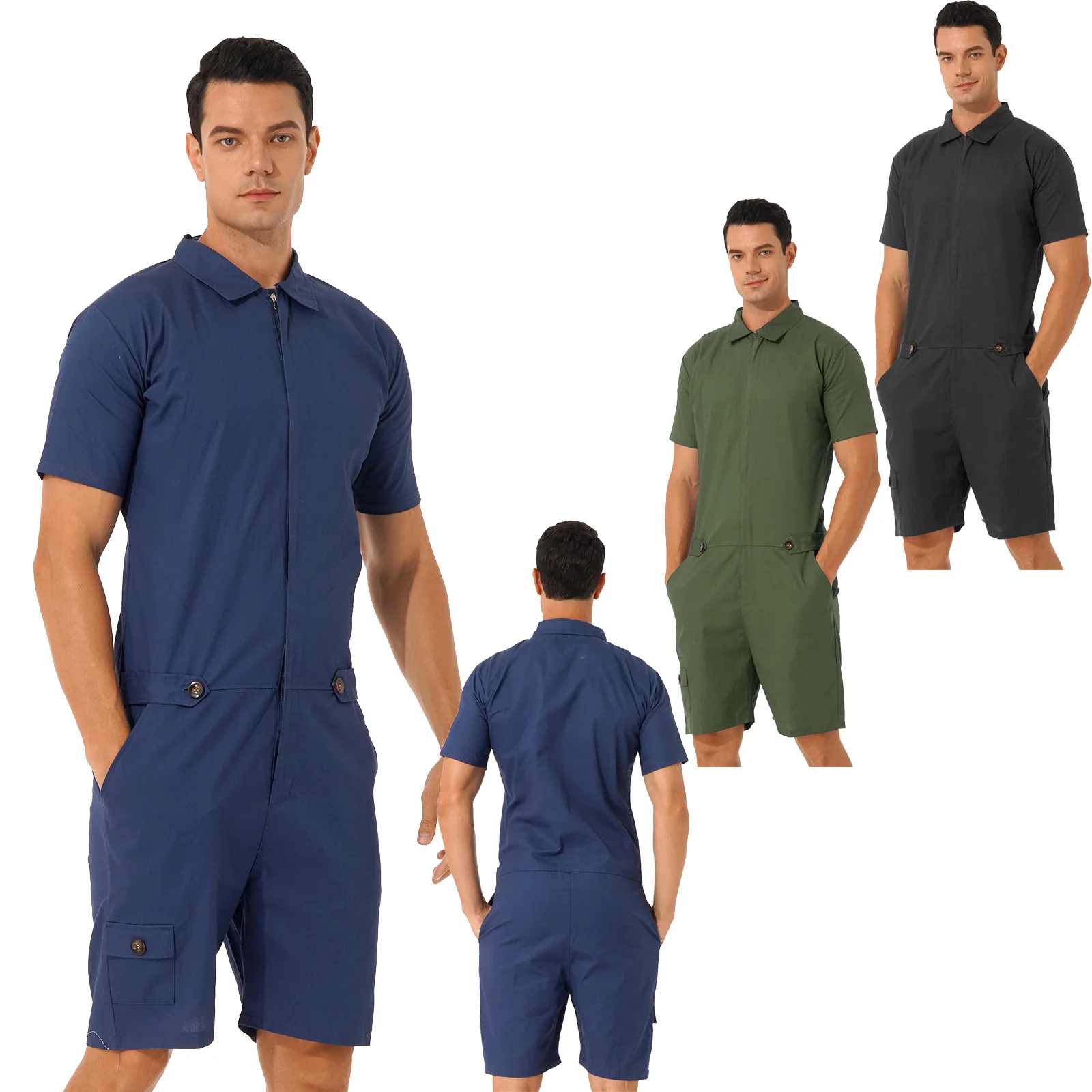 Mens Rompers Jumpsuits Cotton Button Down Short Sleeve One Piece Drawstring Shorts Coverall Tracksuits with Pockets