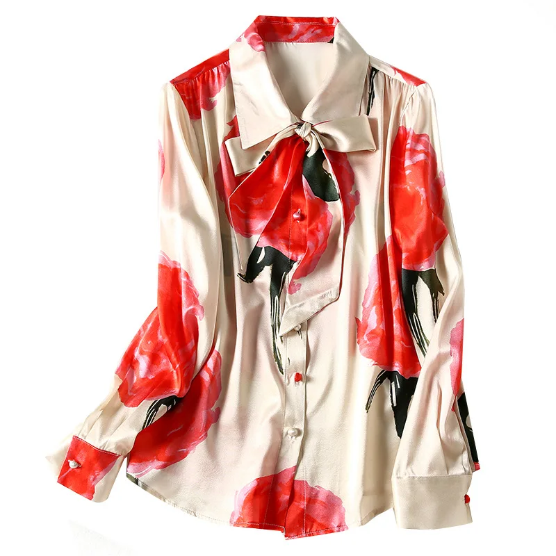 

2021 spring cardigan mulberry silk temperament commuter silk fashion print lapel single-breasted long-sleeved women's dress