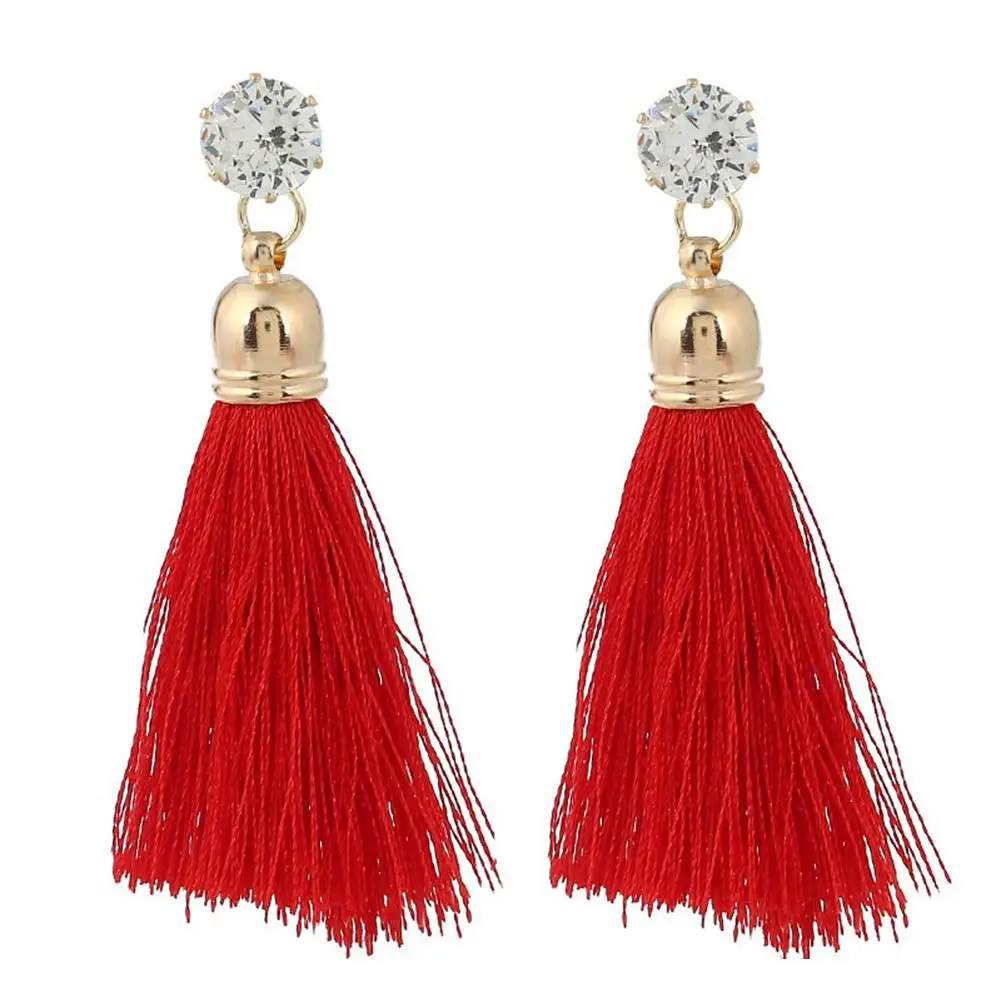 Модные богемные серьги подвески в этническом стиле с длинной кисточкой стразы