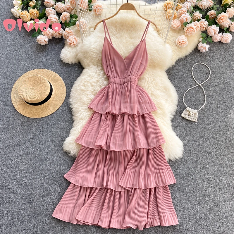 

Fashion Seaside Holiday Dress 2021 New Summer Sexy V-Neck Slim Mid-Length Pleated Ruffled Sling Beach Skirt Green Black Dress