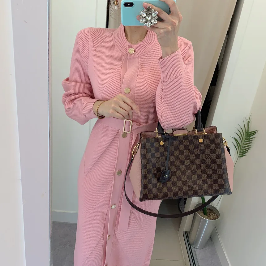 

ZAWFL Luxury Christmas Red Sweater Dress 2021 Autumn Winter Runway Single Breasted Pockets Midi Long Knitted Bodycon Dress