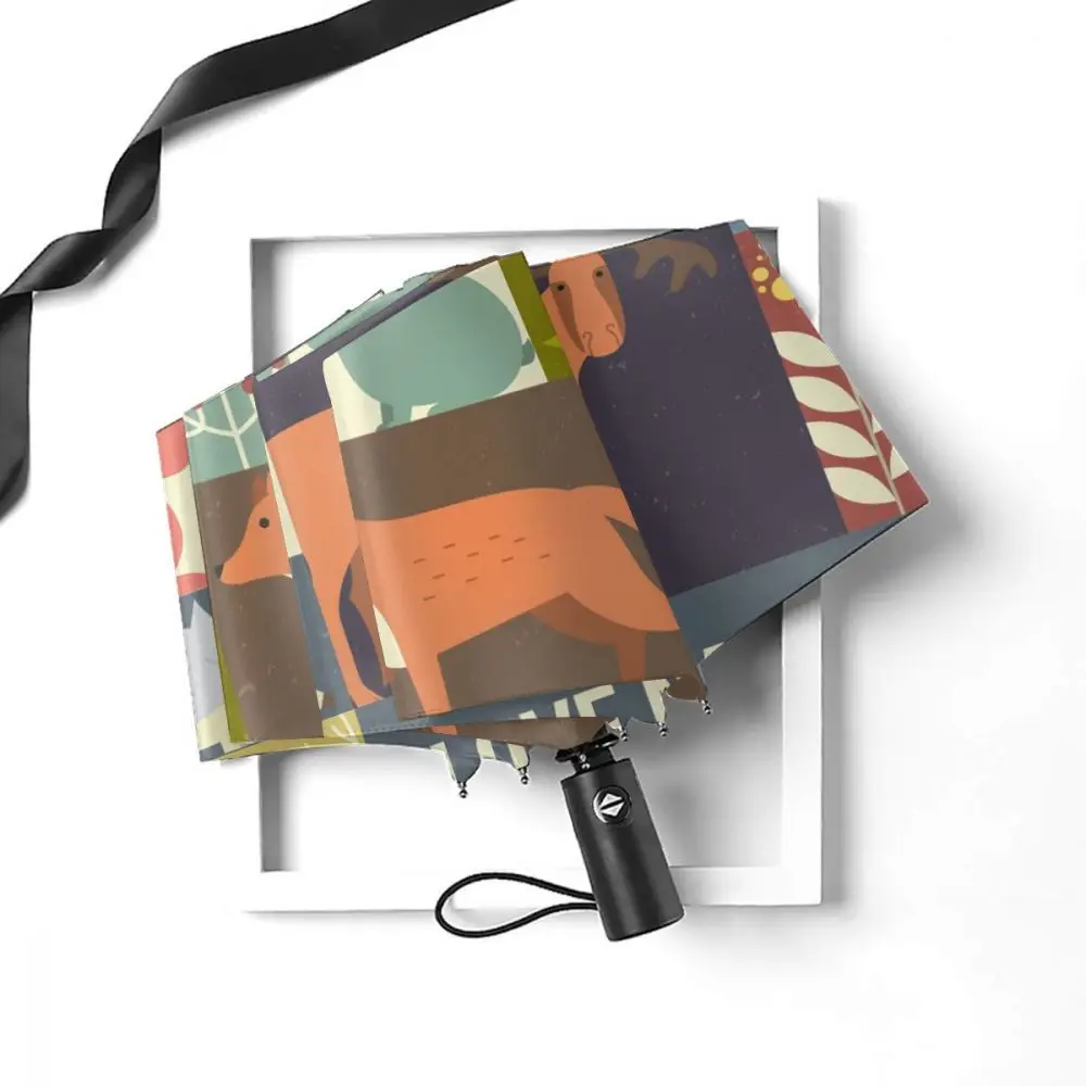 Online Ombrello Automatico Pioggia Donna Ombrello A Tre Pieghe Foresta Animali Stile Piatto Ombrello Antivento Ombrello Impermeabile Femminile