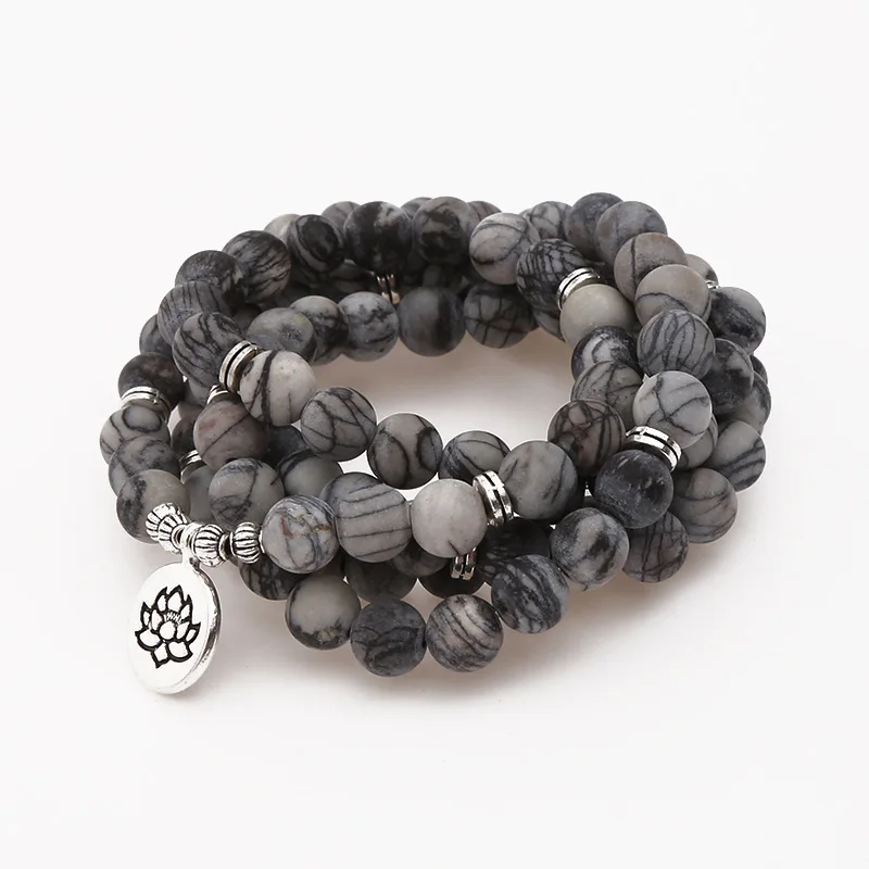 

Buddhist 108 Mala Natural Black Network Stone Lotus Pendant Bracelet Fashion Women/ Men's Chakra Yoga Healing Bracelet Wholesale