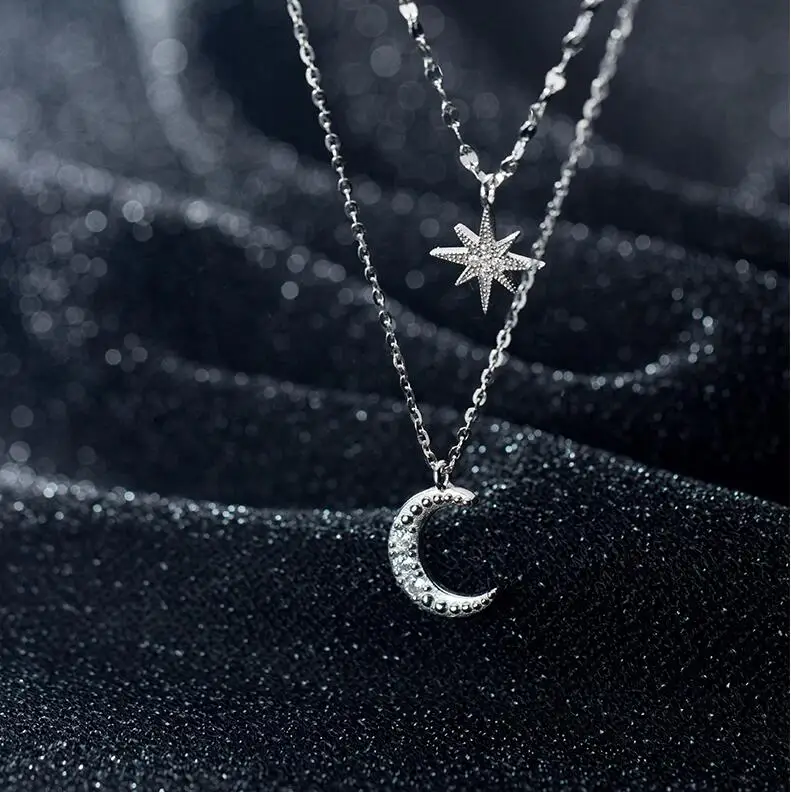 

Moon Star Style Silver Pendant Necklace 925 Sterling Silver Necklace with Cubic Zirconia Luxury